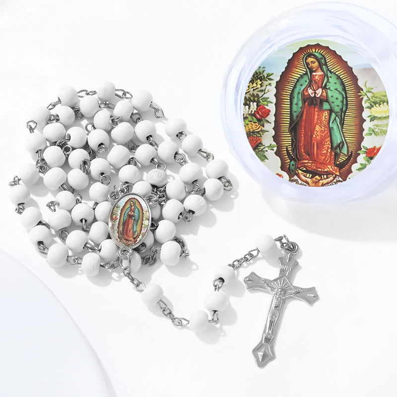 White Wooden Rosary Cross Religious Catholic Prayer